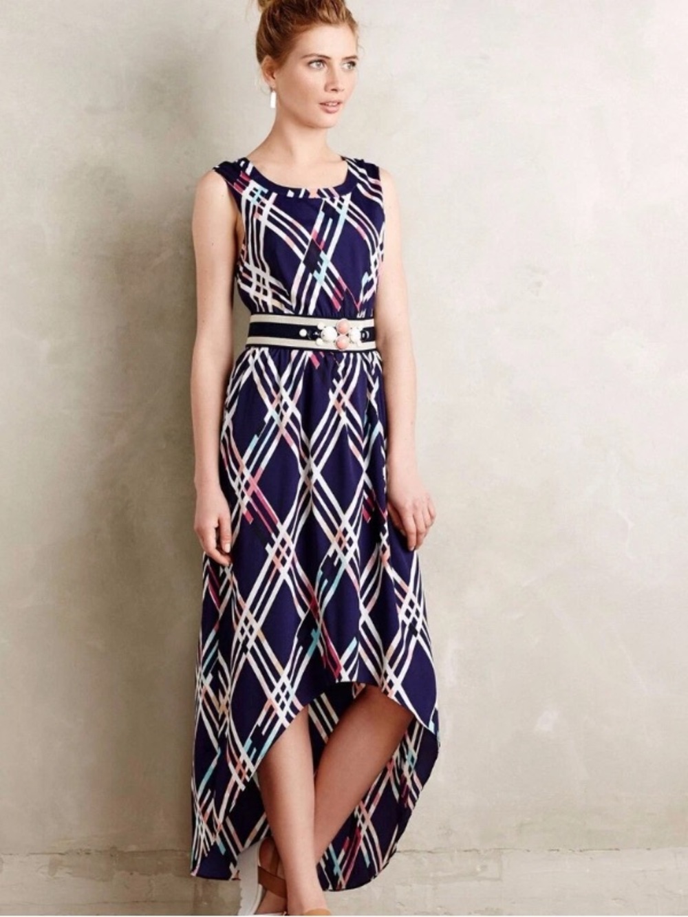 Anthropologie Maeve | Women’s Navy/White Diamant Plaid High-Low Maxi Dress Sz M